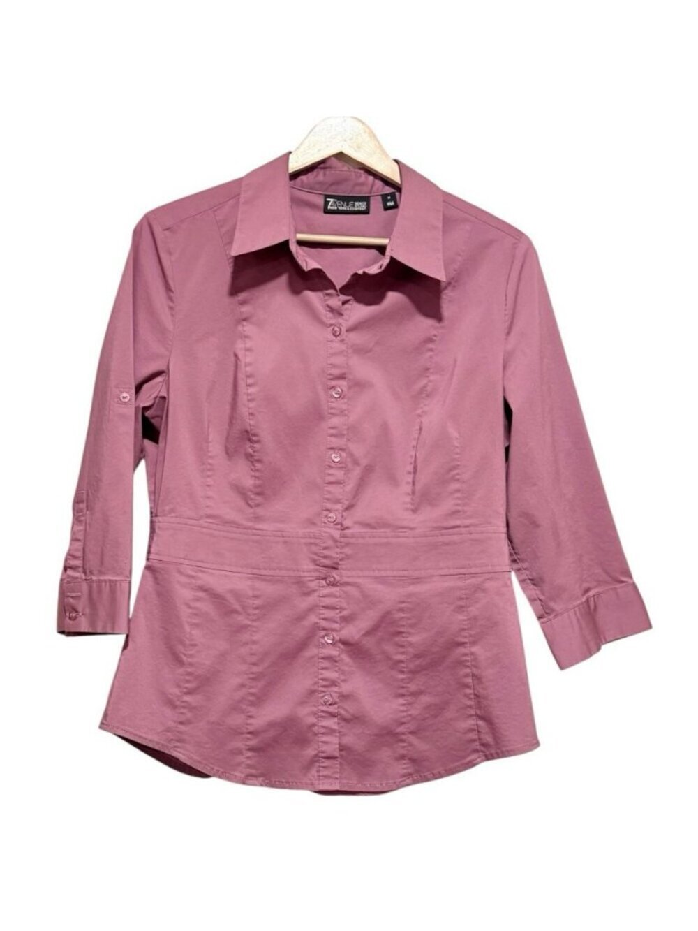 NY & Co Sz M Black Raspberry 3/4 Sleeves Fitted Button Down Blouse Career Office